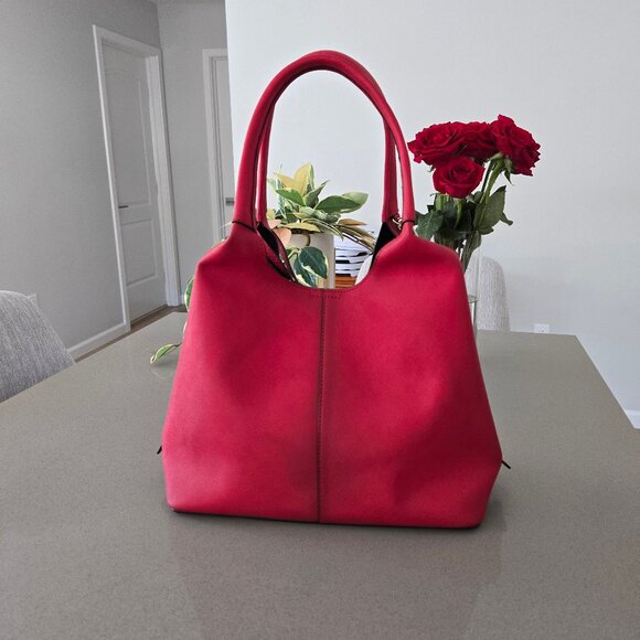 DKNY Red Genuine Leather Zip Side Tote Bag with Pouch Black Interior Gold Logo - Picture 9 of 17